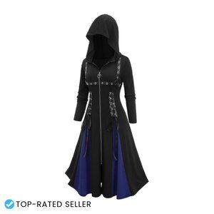 Gothic Trench Coat with Lace-Up Detail and Grommets, Plus Size Hooded Long Coat